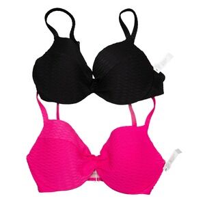 Victorias Secret Push Up Bikini Top NEW! 2pc Black Neon Pink Textured Pool Party